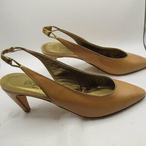 Paloma camel leather slingback 2 inch heel with gold trim 8.5AA